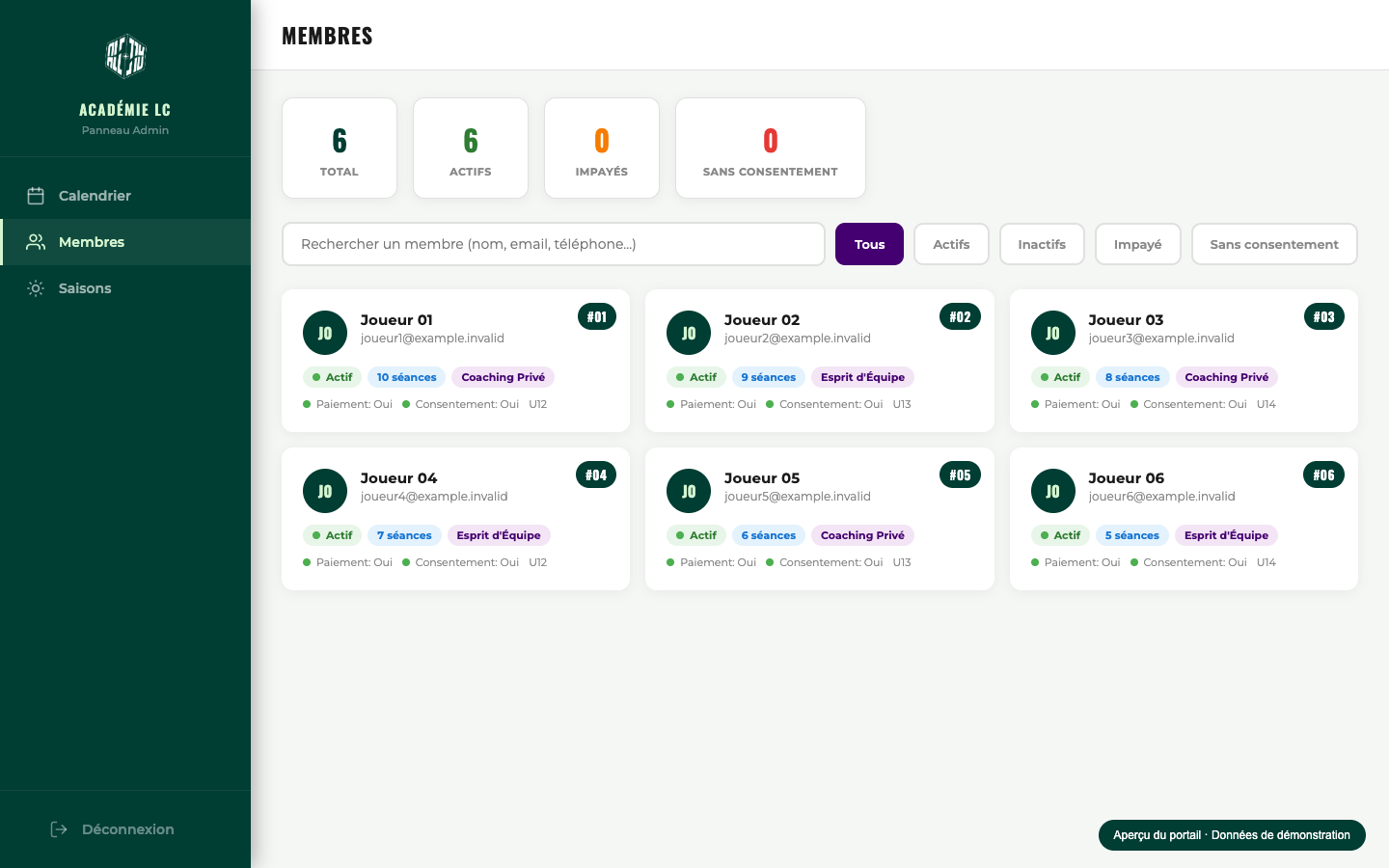 Members, payments and session-credit tracking — demo data